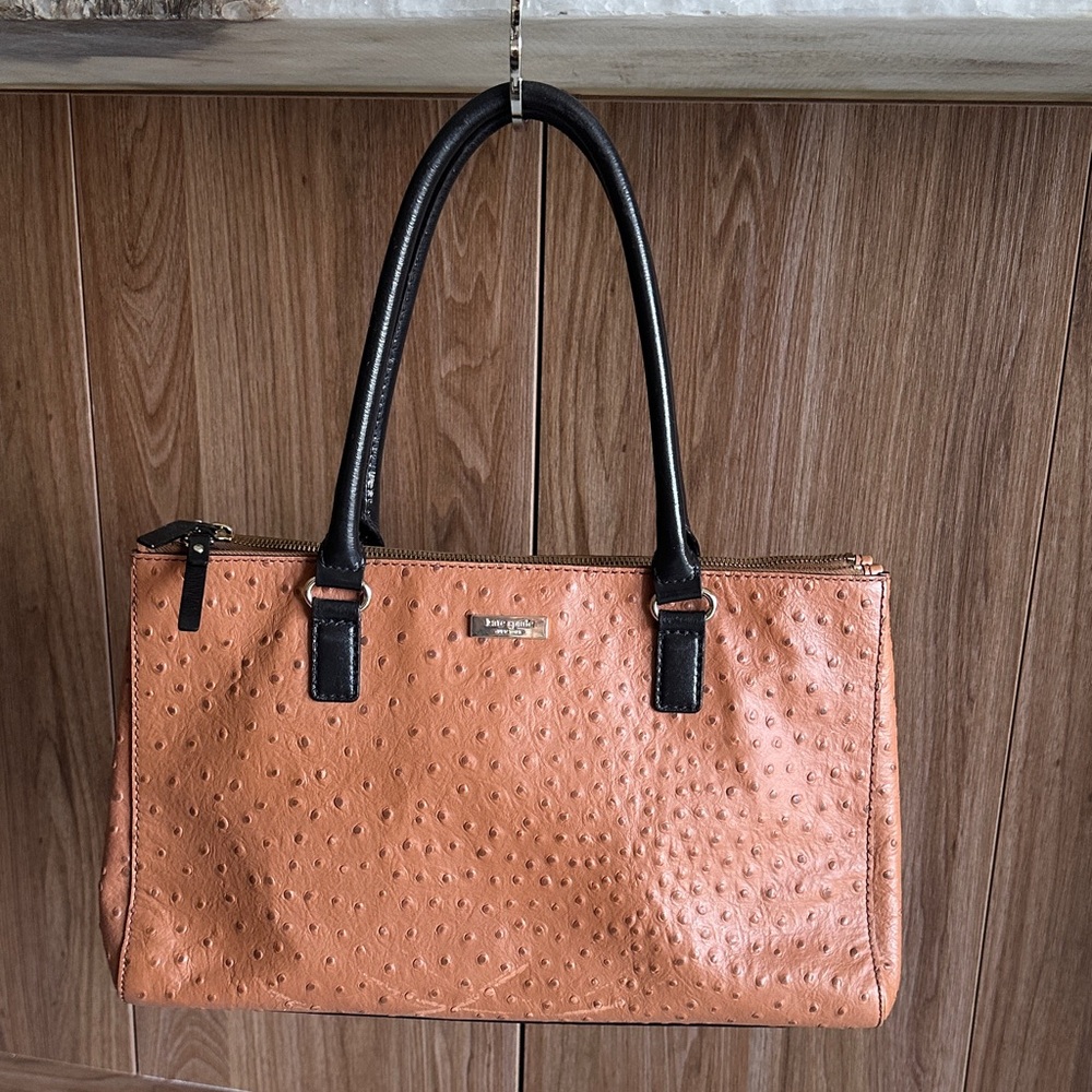 Kate Spade Ostrich-Embossed leather cognac Tan and dark brown satchel bag purse